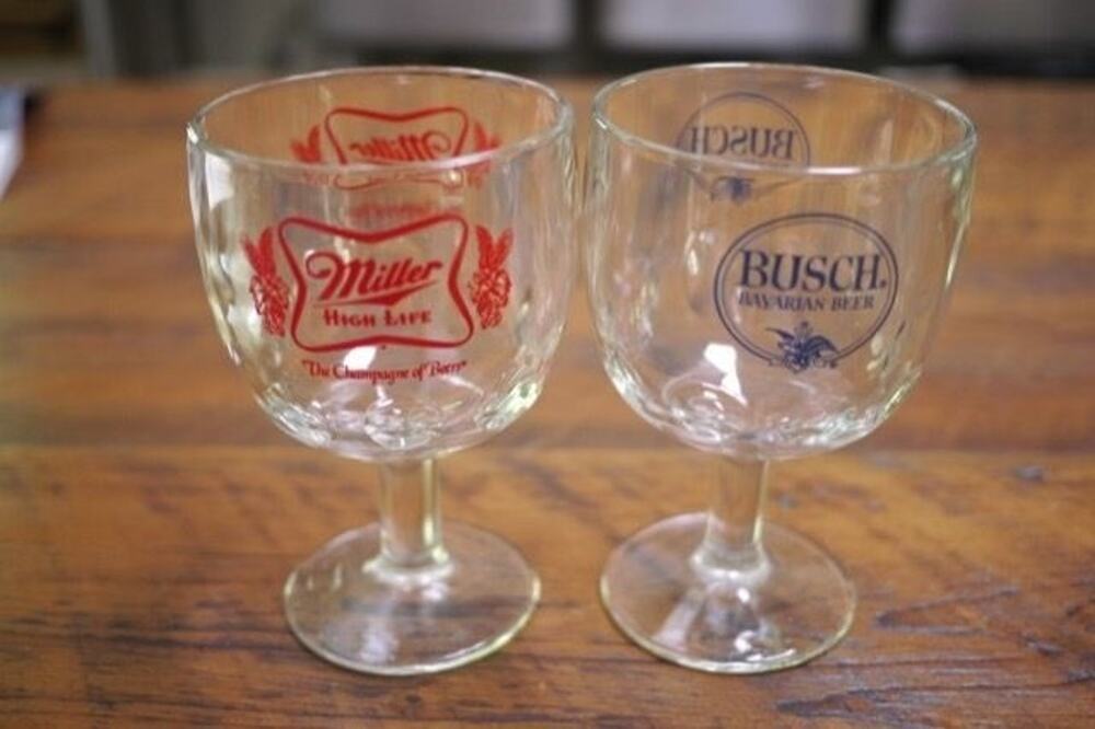 Pair Vintage 70s Busch Miller High Life Beer Man Cave Pub Goblets Glasses